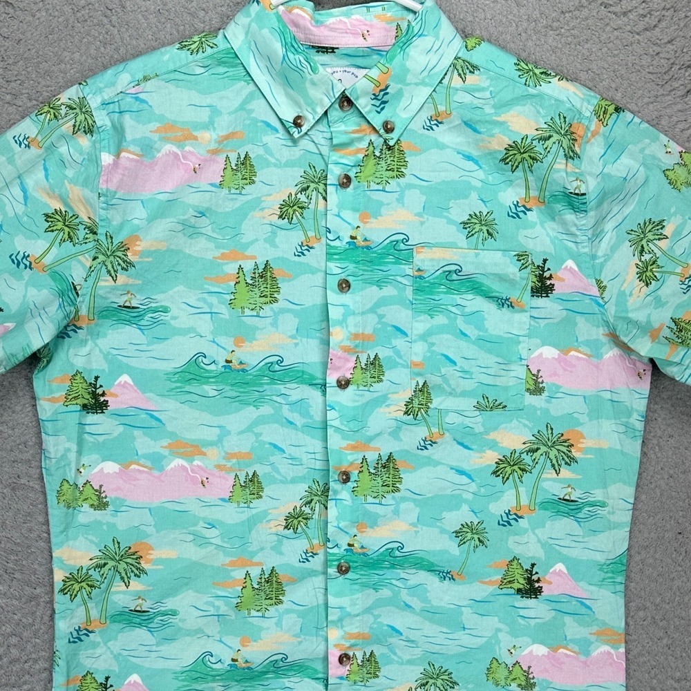 Dog Threads Mens Button Down Shirt Medium Blue Green Island Short Sleeve Stretch